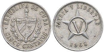 Куба 5 сентаво 1968 KM 34, JMA 43, Y 28, Schoen 32 алюминий 4114-217