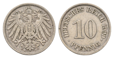Германия 10 пфеннигов 1900 A, Вильгельм II (1888-1918) KM 12, J. 13 медно-никель 4636-769