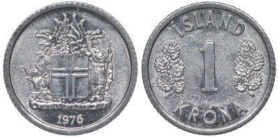 Исландия 1 крона 1976 KM 23 алюминий 4124-455