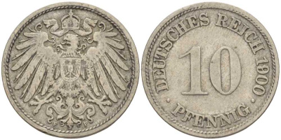 ГЕРМАНИЯ 10 ПФЕННИГОВ 1900 F KM 12, J. 13 медно-никель 4401-1153