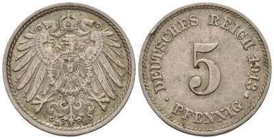 Германия 5 пфеннигов 1913 E, KM 11, J. 12 медно-никель 220-663