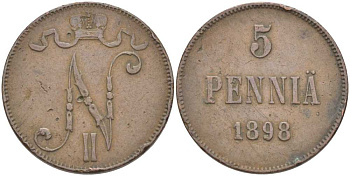 Россия для Финляндии 5 пенни 1898 Николай II (1894-1917) KM 15, Биткин 443 медь 111-745