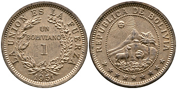 Боливия 1 боливиано 1951 KN KM 184 бронза UNC 4388-112