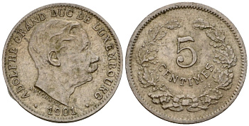 Люксембург 5 сантимов 1901 герцог Адольф (1890-1905) KM 24 медно-никель 4602-339