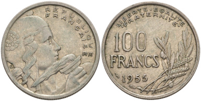 ФРАНЦИЯ 100 ФРАНКОВ 1955 KM 919.1 медно-никель 106-313