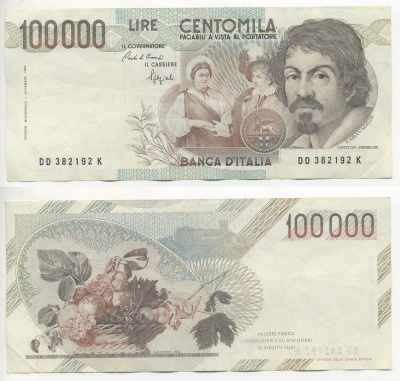 Италия 100000 лир 1983 Караваджо, фруктовый букет, подпись Speziali Pick 110b бумага 7220-24-1