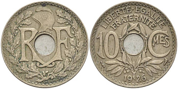 ФРАНЦИЯ 10 САНТИМОВ 1926 ТИП ЛИНДАЙЁ KM 866а, LE FRANC 138.13 медно-никель 4544-345