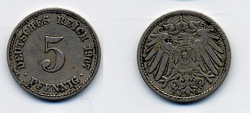 ГЕРМАНИЯ 5 ПФЕННИГОВ 1907 A, KM 11, J. 12 медно-никель 84-967