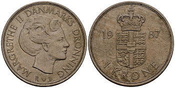 Дания 1 крона 1987 R;B, Маргрете II (1972-) KM 862.3 медно-никель 4176-526