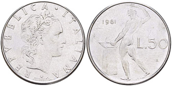 ИТАЛИЯ 50 ЛИР 1981 R, КУЗНЕЦ, ВУЛКАН БОГ ОГНЯ, ДИАМЕТР 25 ММ. KM 95.1 нержавеющая сталь 98-1137