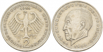ФРГ 2 МАРКИ 1969 J, КОНРАД АДЕНАУЭР KM 124, J. 406 медно-никель плакированный никелем 3718-1045