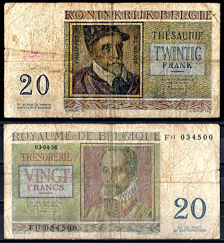 Бельгия 20 франков 1950/1956 Pick 132b бумага 6278-1-3-1