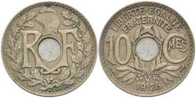 ФРАНЦИЯ 10 САНТИМОВ 1926 ТИП ЛИНДАЙЁ KM 866а, LE FRANC 138.13 медно-никель 4544-345