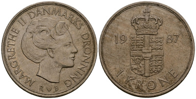 Дания 1 крона 1987 R;B, Маргрете II (1972-) KM 862.3 медно-никель 4176-526