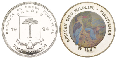 Экваториальная Гвинея 7000 франков 1994 Дикие птицы Африки - Зимородок KM 98 серебро PROOF 1079-10-52