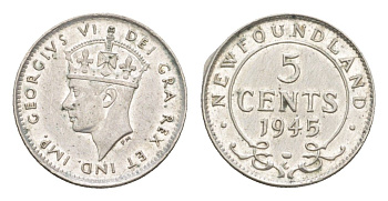 Ньюфаундленд 5 центов 1945 Георг VI (1936-1952) KM 19a серебро 4651-335