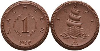 Саксония 1 марка 1921 парусник J. N 55 фарфор 1094-3-52