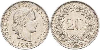 Швейцария 20 раппенов 1962 В KM 29a медно-никель 55-826
