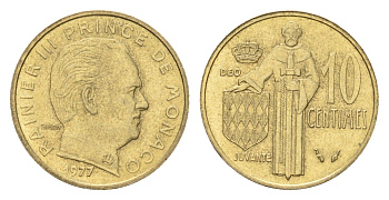 Монако 10 сантимов 1977 Ренье III (1949-2005) KM 142 медь алюминий никель 4659-924
