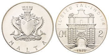 Мальта 2 лиры (фунта) 1973 Ворота Мдины KM 20 серебро BU 270-541