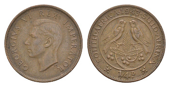 ЮАР 1/4 пенни 1943 Георг VI (1936-1952) KM 23 бронза 4618-936