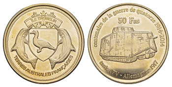 Французские Южные и Антарктические Территории (Тромлен) 50 франков 2014 танки Первой Мировой войны A7V - Германия 1917 медно-никель BU 1520-324