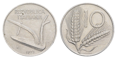 Италия 10 лир 1973 R, плуг, колосья KM 93 алюминий UNC 4551-811