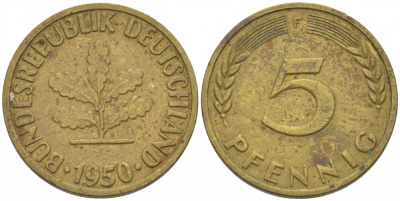 ФРГ 5 ПФЕННИГОВ 1950 F KM 107, J.382 сталь плакированная латунью 112-934