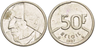 БЕЛЬГИЯ 50 ФРАНКОВ 1987 BELGIE, БОДУЭН I (1951-1993) KM 169 никель 4382-1241