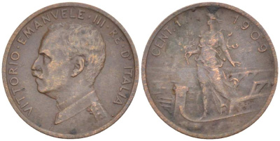 ИТАЛИЯ 1 ЧЕНТЕЗИМО 1909 R, МОНДВОР РИМ, ВИКТОР ЭММАНУИЛ III (1900-1946) KM 40 медь 4516-1037