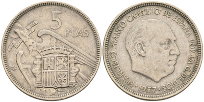Испания 5 песет 1957 (66) Франсиско Франко (1939-1975) KM 786 медно-никель    4595-1023