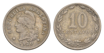 Аргентина 10 сентаво 1920 KM 35 медно-никель 4655-968