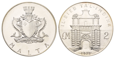 Мальта 2 лиры (фунта) 1973 Ворота Мдины KM 20 серебро BU 270-541