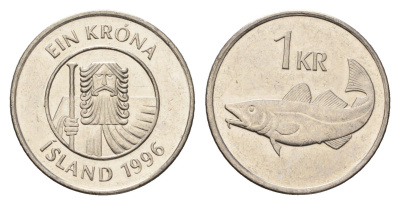 Исландия 1 крона 1996 треска KM 27a сталь плакированная никелем UNC 4691-554