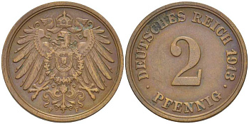 Германия 2 пфеннига 1913 F KM 16, J. 11, Weege 4 медь 206-637