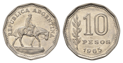 Аргентина 10 песо 1965 Гаучо KM 60 сталь плакированная никелем 4116-616