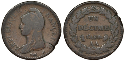 Франция 1 десим 1799 AA, консулат (1799-1803), AN 8 KM 644.2 бронза 00-00