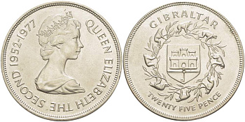Гибралтар 25 пенсов 1977 25 лет правления Елизаветы II (1952-1977) KM 10 медно-никель 4527-415