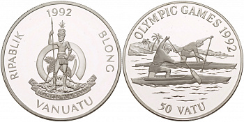 Вануату 50 вату 1992 XXV Олимпийские игры в Барселоне 1992 года, гребля на каное KM 14 серебро PROOF 1088-4-62