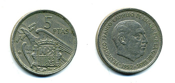 ИСПАНИЯ 5 ПЕСЕТ 1957 (68) ФРАНСИСКО ФРАНКО ДИКТАТОР ИСПАНИИ (1939-1975) KM 786 медно-никель 53-1233
