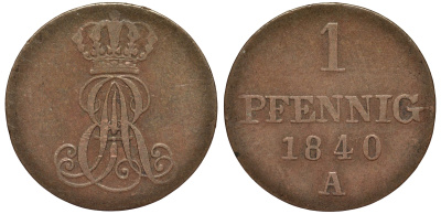 Ганновер 1 пфенниг 1840 A, Эрнст Август (1837-1851) KM 173.1, AKS 126, J. 54 медь 75-1542
