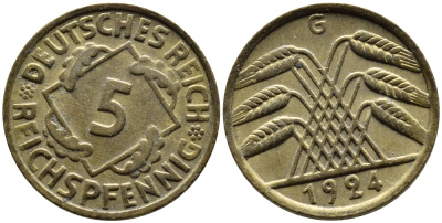 ГЕРМАНИЯ 5 РЕЙХСПФЕННИГОВ 1924 G, KM 39, J. 316 алюминиевая бронза 4387-1155