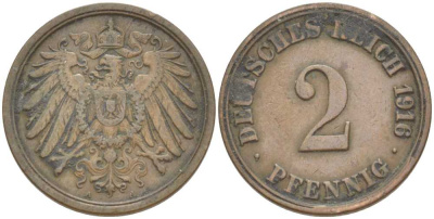 Германия 2 пфеннига 1916 A KM 16, J. 11, Weege 4 медь 212-427
