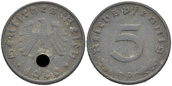 ГЕРМАНИЯ 5 РЕЙХСПФЕННИГОВ 1940 D KM 100, J. 370 цинк 105-243