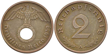ГЕРМАНИЯ 2 РЕЙХСПФЕННИГА 1939 A KM 90, J. 362 бронза 261-932