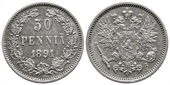 Россия для Финляндии 50 пенни 1891 L, Александр III (1881-1894) KM 2.2, Биткин 235 серебро 413-4044