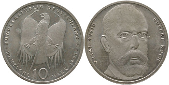 ФРГ 10 марок 1993 J, 150 лет со дня рождения Роберта Коха KM 181 серебро PROOF 00-00