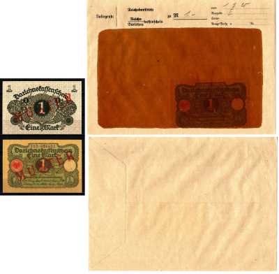 Германия 1 марка 1920 12 августа, MUSTER, образец, Specimen. В оригинальном банковском конверте. Из коллекции Отто Сейфферта (помощник Ялмара Шахта - министра экономики Германии и президента Рейхсбанка времен третьего рейха) Pick 58 s, Grabowski DEU 189 б