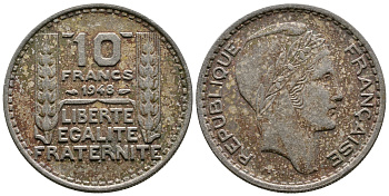 Франция 10 франков 1948 тип Пьер Турин KM 909.1, Le Franc 362.3 медно-никель 63-936