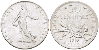 ФРАНЦИЯ 50 САНТИМОВ 1913 СЕЯТЕЛЬ KM 854, LE FRANC 190.20 серебро 201-848